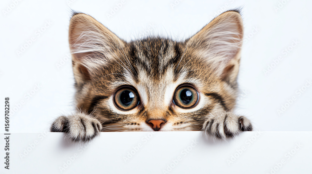 Curious kitten peeking from side, wide eyes and playful mood, white background Curious kitten peeking from side, wide eyes and playful mood, white background