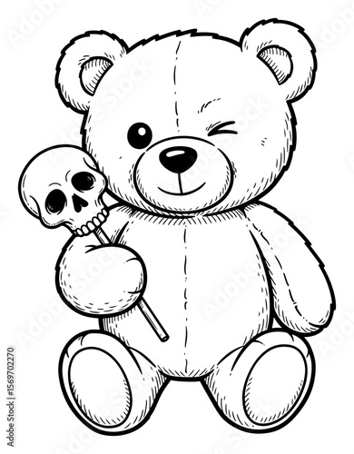 Cartoon Illustration of a Winking Teddy Bear Holding a Skull Lollipop in Black and White