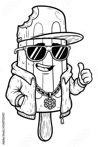 Cartoon Ice Cream Bar with Bite Taken, Baseball Cap, Sunglasses, and Hoodie Giving a Thumbs Up