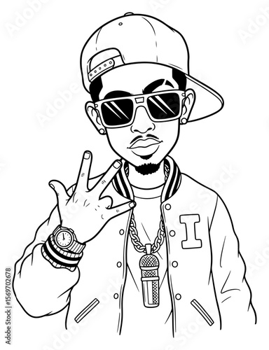 Cartoon Illustration of a Stylish Young Man in Streetwear, Outlined in Black and White