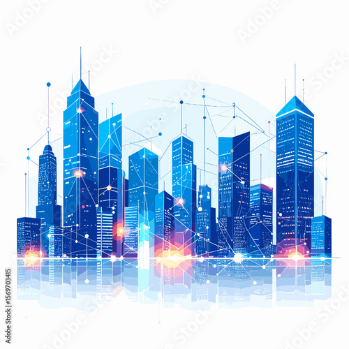 Abstract Blue Cityscape Silhouette with Geometric Design Reflecting Urban Skyline