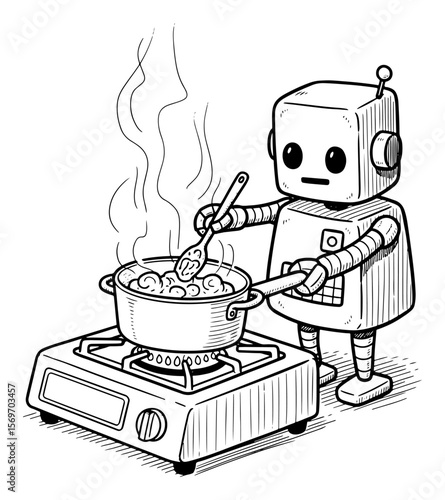 Robot Chef: A Line Art Illustration of a Robot Cooking Delicious Food on a Stove
