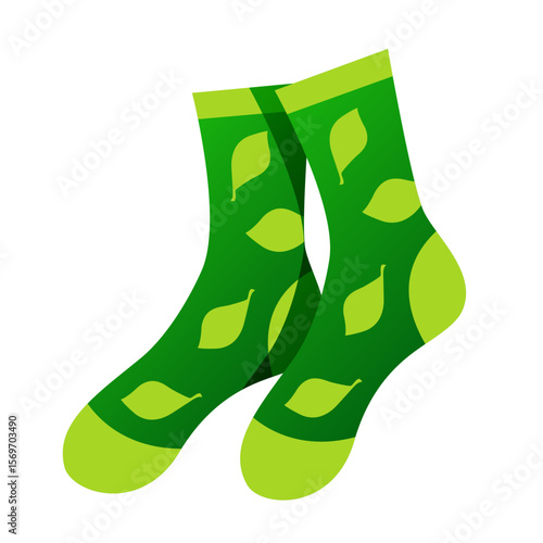 Green socks with leaf pattern. Vector clipart isolated on white background.