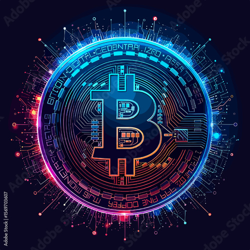 Abstract Glowing Bitcoin Symbol on Dark Blue Background Digital Cryptocurrency Concept