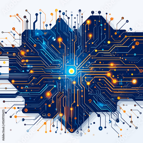 Abstract Glowing Circuit Board Network on White Background with Blue and Orange Lines Artificial Intelligence Concept
