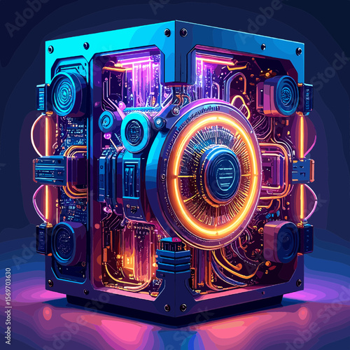 Abstract Glowing Neon Cyberpunk Cube with Intricate Internal Circuitry and Industrial Metal Frame in Dark Purple Background