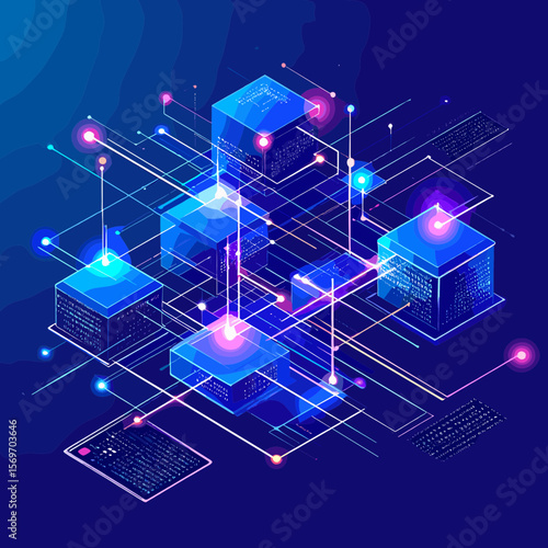 Abstract Isometric Blockchain Network with Glowing Connections on Deep Blue Background Represents Modern Digital Technology