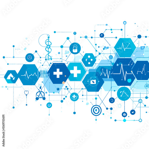 Abstract Medical and Scientific Network Background with Blue Geometric Shapes and Data Connections on White