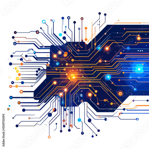 Abstract Motherboard Circuitry with Blue and Orange Lights Emitting Technological Glow Against a White Backdrop