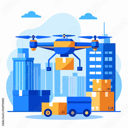 Aerial Drone Delivering Packages in Cityscape with Blue and Yellow Design Flying Over Truck for Fast Shipping