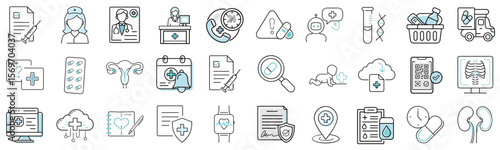 Essential set of medical icons for healthcare professionals, telemedicine and patient care resources, for navigating medical sites