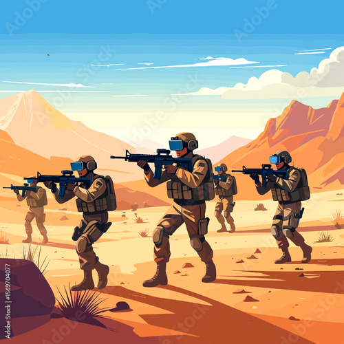 Armed Military Personnel in Desert Pixel Art Style with Tan Uniforms Rifles Helmets Blue Sky and Mountain Backdrop