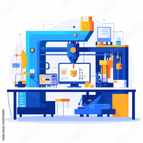Automated Blue Industrial Machine System with Monitor on Work Table for Manufacturing and Production Technologies in Flat Graphic Style