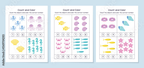 Count and color educational worksheet for kids. Printable preschool activity sheets set. Vector illustration
