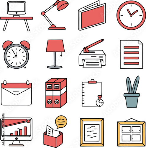 Collection of outline office icons presents a cohesive business graphic.