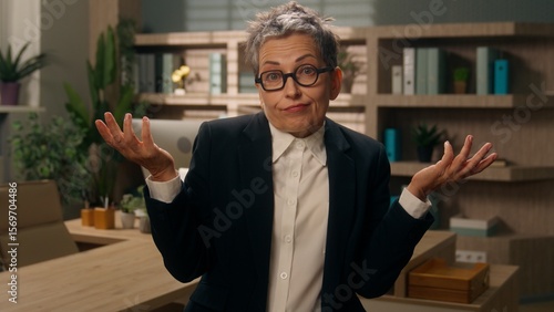 Fotografie Caucasian business woman senior businesswoman shrug shoulders unsure spread hand