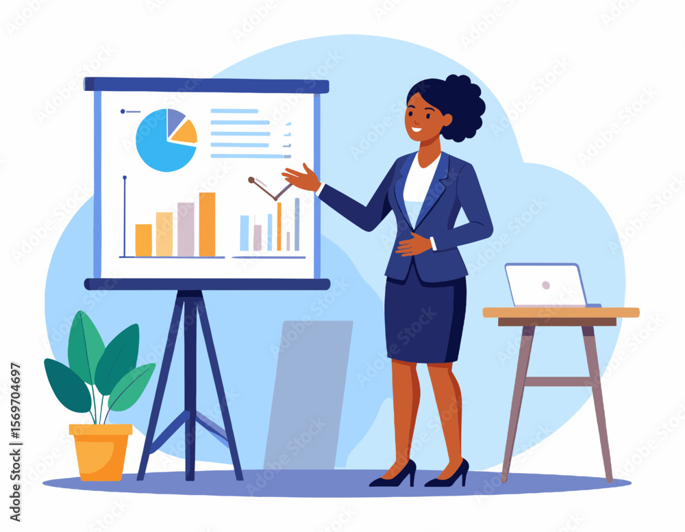 Business Presentation by African American Woman in Blue Suit with Data Charts and Diagrams in a Corporate Office Setting Business Presentation by African American Woman in Blue Suit with Data Charts and Diagrams in a Corporate Office Setting
