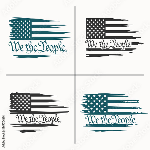 Set of Four Distressed American Flags Featuring the Iconic 'We the People' Phrase in Brushstroke Style, Patriotic U.S. Flag Designs with Vintage and Political Americana Theme