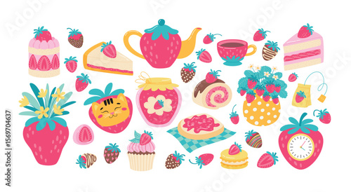 Strawberry desserts and decorative elements set. Flat style sweet vector illustrations collection