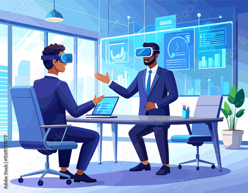 Business Meeting with Virtual Reality Headsets in a Blue Office Setting with Laptop and Data Visualization on Screen with Two Men Wearing Suits