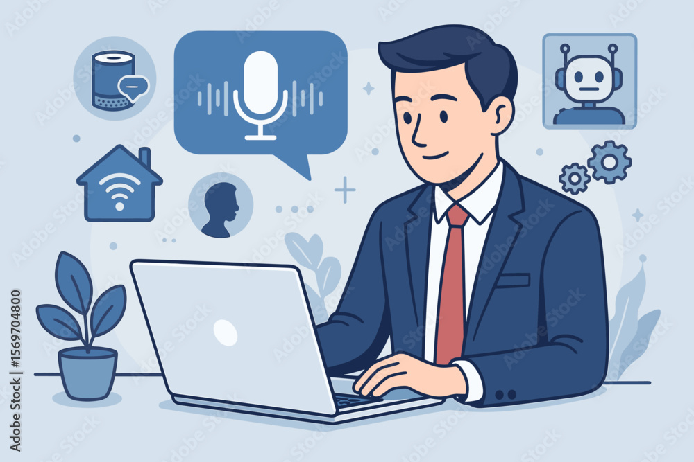 AI assistant technology concept. Businessman using laptop with voice control for smart home and office automation. Virtual support, chatbot service, and futuristic interface. AI assistant technology concept. Businessman using laptop with voice control for smart home and office automation. Virtual support, chatbot service, and futuristic interface.
