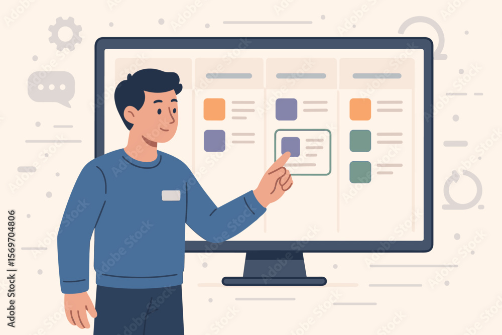 Agile project management for software development. Man using Kanban or Scrum board on a computer screen. Workflow process and visual task organization tool framework concept. Agile project management for software development. Man using Kanban or Scrum board on a computer screen. Workflow process and visual task organization tool framework concept.