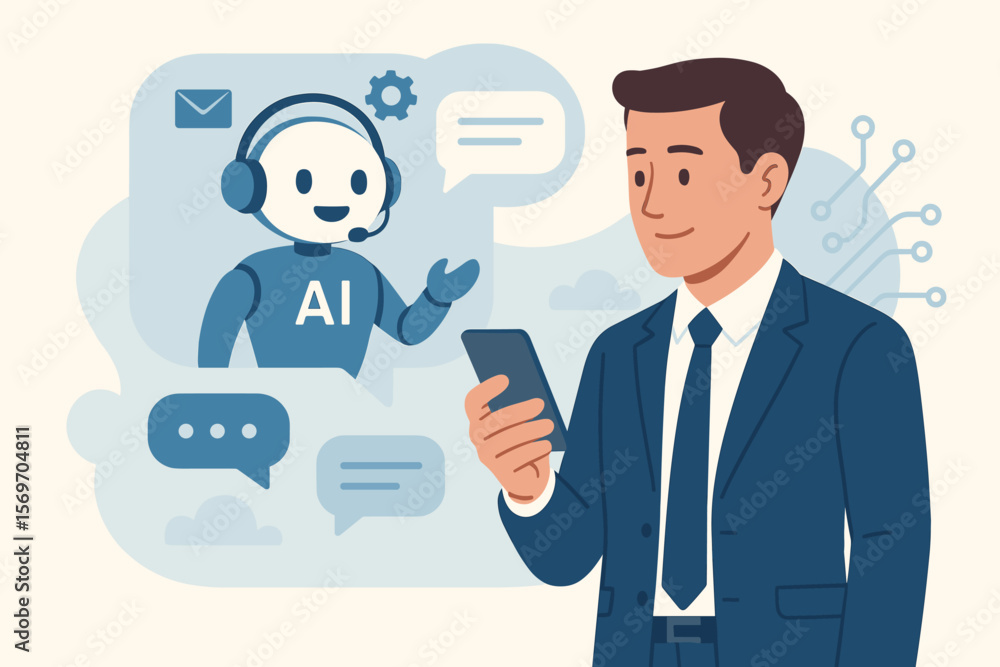 AI chatbot concept with businessman using smartphone for customer support. Automated communication with virtual assistant robot for online digital service and technical helpdesk. AI chatbot concept with businessman using smartphone for customer support. Automated communication with virtual assistant robot for online digital service and technical helpdesk.