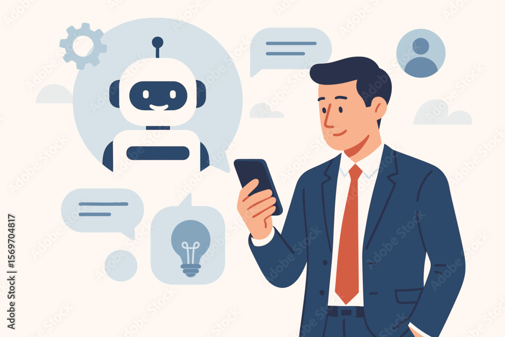 AI chatbot concept with businessman on smartphone. Smart customer support, automated communication. Virtual assistant, artificial intelligence in mobile digital service. Tech. AI chatbot concept with businessman on smartphone. Smart customer support, automated communication. Virtual assistant, artificial intelligence in mobile digital service. Tech.