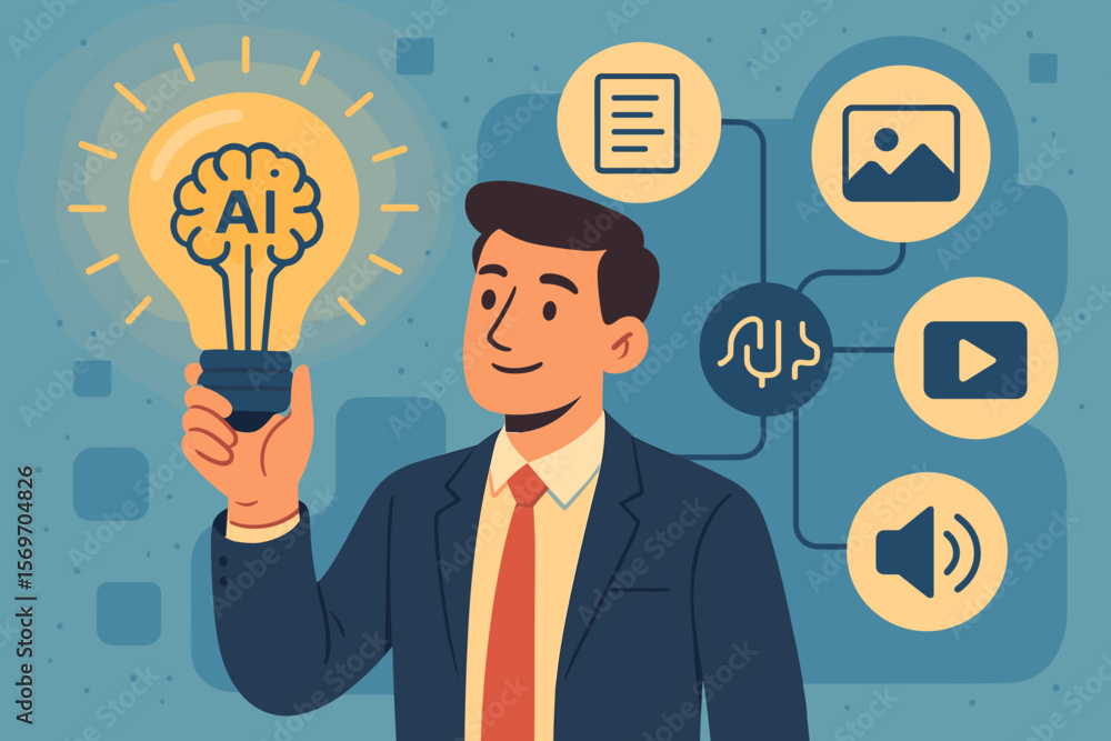 AI creative innovation concept. Businessman holds light bulb with AI brain. Artificial intelligence powering text, image, video, audio generation. Digital technology workflow. AI creative innovation concept. Businessman holds light bulb with AI brain. Artificial intelligence powering text, image, video, audio generation. Digital technology workflow.