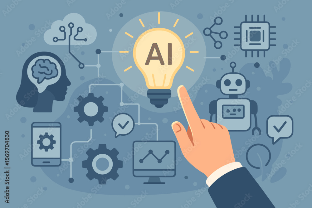 Artificial intelligence concept. User touches AI light bulb icon. Innovation, machine learning, smart assistant, digital automation, chatbot, robot, data analysis, tech vector. Artificial intelligence concept. User touches AI light bulb icon. Innovation, machine learning, smart assistant, digital automation, chatbot, robot, data analysis, tech vector.