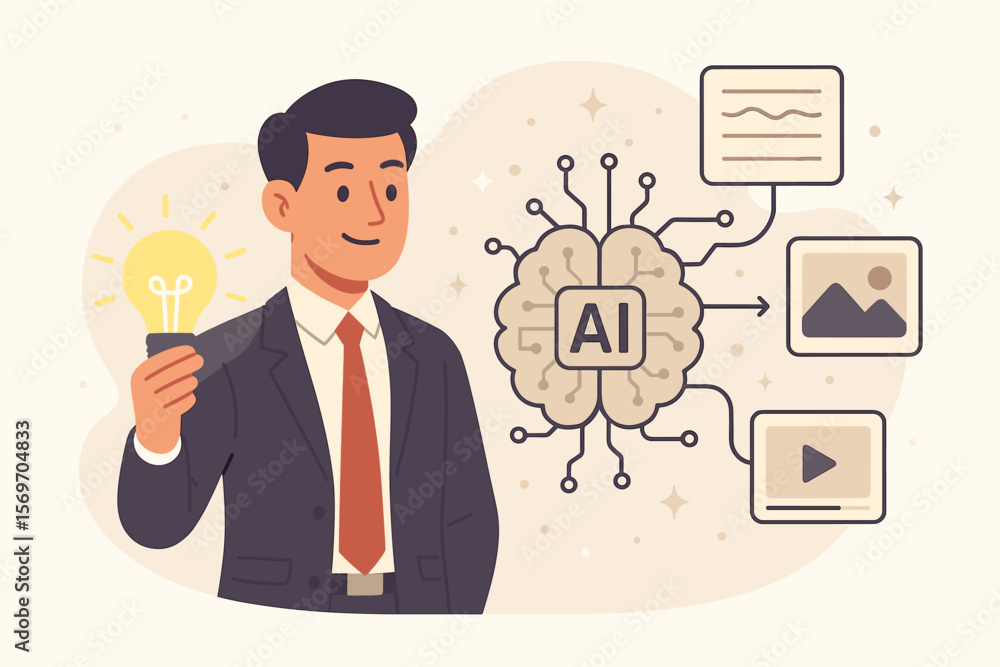 Generative AI concept. Businessman with light bulb idea. Artificial intelligence brain creating text, image, video content. Digital media innovation and technology vector. Generative AI concept. Businessman with light bulb idea. Artificial intelligence brain creating text, image, video content. Digital media innovation and technology vector.