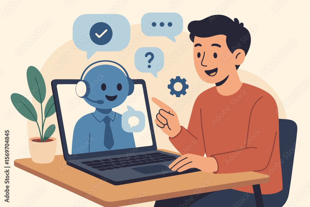 Man talking to AI chatbot on laptop. Customer service with virtual assistant robot. Online support, technical helpdesk, communication technology vector illustration concept. Man talking to AI chatbot on laptop. Customer service with virtual assistant robot. Online support, technical helpdesk, communication technology vector illustration concept.