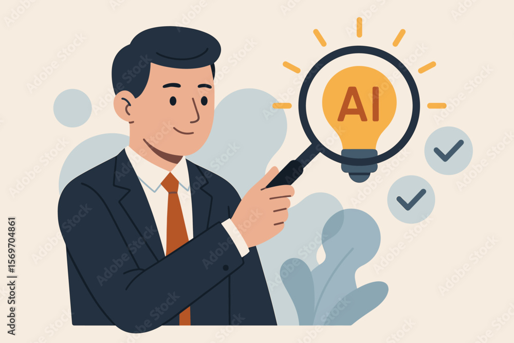 AI technology analysis concept. Businessman with magnifying glass choosing the right artificial intelligence solution. Innovation icon with light bulb. Business research and selection. AI technology analysis concept. Businessman with magnifying glass choosing the right artificial intelligence solution. Innovation icon with light bulb. Business research and selection.
