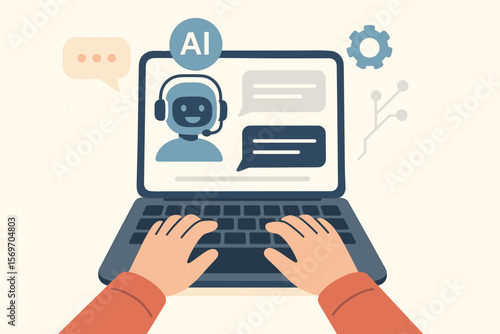 AI chatbot assistant for customer service. User typing on laptop, communicating with virtual bot. Concept of artificial intelligence, online technical support, help desk technology.