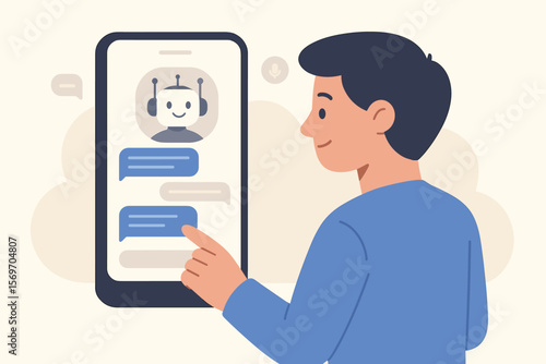 AI assistant conversation. User interacting with smart chatbot on a mobile phone. Virtual assistant interface for online customer support, help desk and tech app communication.