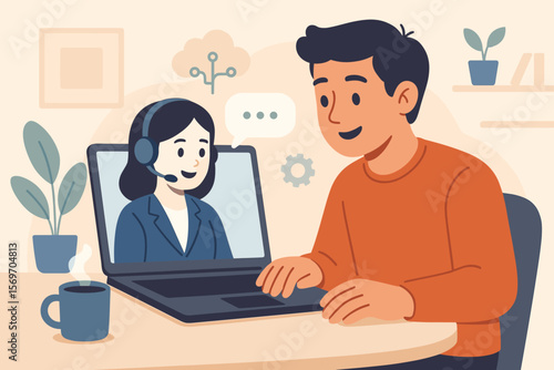 AI assistant technology concept. Man at laptop interacting with a virtual helper. Online customer service, chatbot support, and digital consultation. Flat vector illustration.