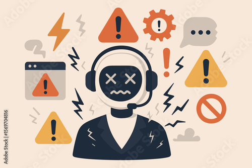 AI chatbot error concept. Virtual assistant failure with warning signs. Artificial intelligence system malfunction. Technology risk, AI ethics, support overload, technical glitch.