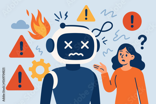 AI chatbot error concept. System malfunction, broken robot and confused user. Artificial intelligence risks, technology failure, virtual assistant problems and warning signs.