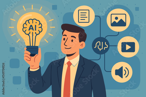 AI creative innovation concept. Businessman holds light bulb with AI brain. Artificial intelligence powering text, image, video, audio generation. Digital technology workflow.