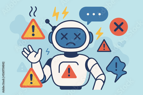 Broken AI robot character concept. Chatbot system error, malfunction, and crash. Virtual assistant failure with warning alert signs. Artificial intelligence risk and ethics idea.