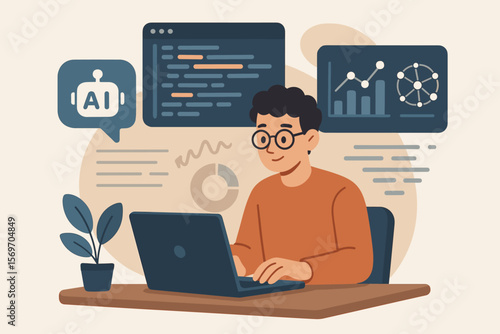AI web developer concept showing a programmer using artificial intelligence to code and generate data. Man at computer working on software development with machine learning tools.