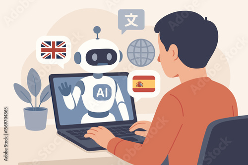 AI language translation concept. Person uses laptop with robot chatbot for automatic online translator service. Artificial intelligence technology for global communication and learning.