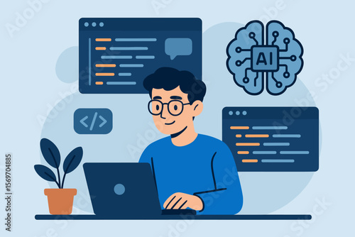 AI powered programming and web development concept. Software developer coding with artificial intelligence support. Programmer at laptop uses machine learning copilot assistant.