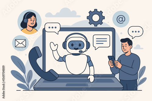 AI-powered contact us concept with chatbot technology. Customer support showing virtual assistant robot, digital communication tools. Online service, helpdesk and support system.