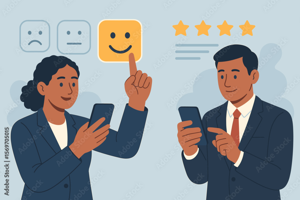 Customer satisfaction concept. Business people giving positive review online. Man and woman using smartphone for feedback, selecting happy smile face icon. 5 star rating. Customer satisfaction concept. Business people giving positive review online. Man and woman using smartphone for feedback, selecting happy smile face icon. 5 star rating.