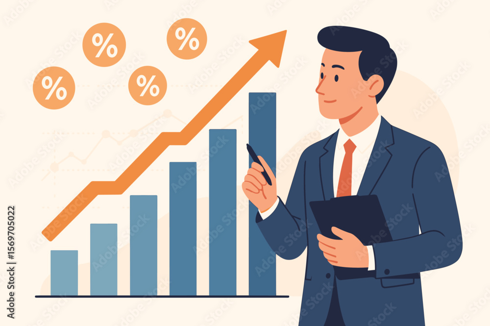 Businessman analyzing financial data graph with a rising arrow and percentages. Business growth, investment strategy, financial success, economic development, and profit concept. Businessman analyzing financial data graph with a rising arrow and percentages. Business growth, investment strategy, financial success, economic development, and profit concept.