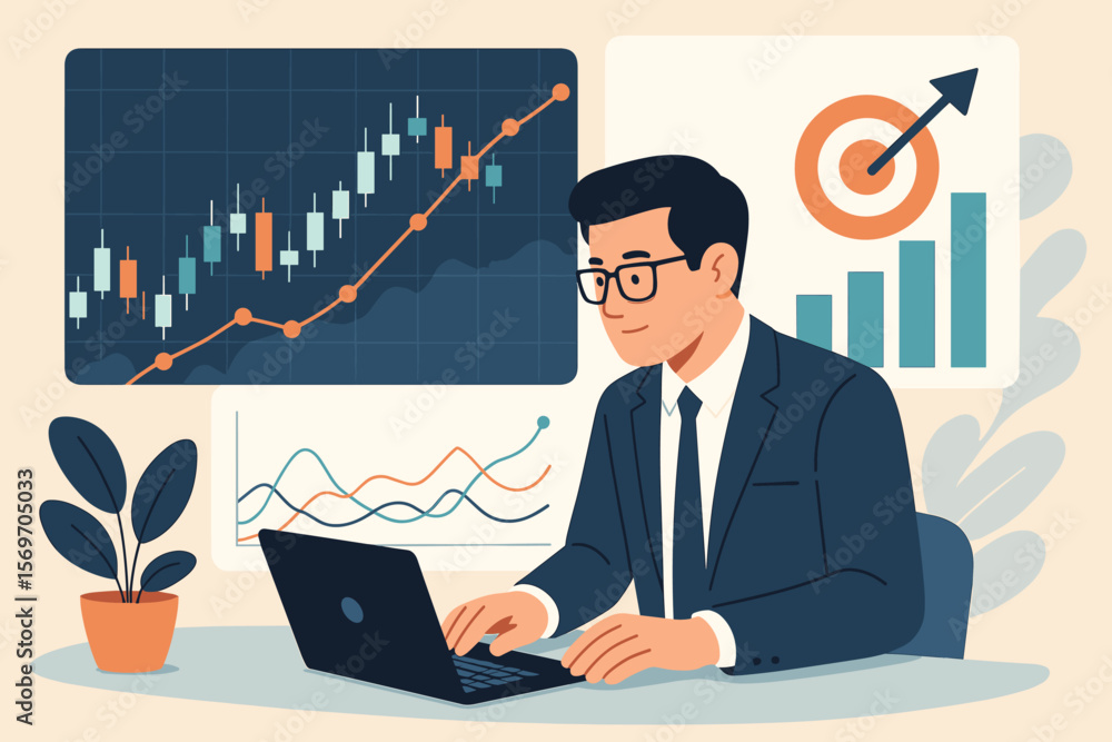 Businessman analyzing financial data on laptop. Stock market trader with candlestick chart and investment growth graphs. Business target concept for strategic planning. Businessman analyzing financial data on laptop. Stock market trader with candlestick chart and investment growth graphs. Business target concept for strategic planning.