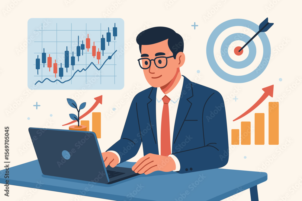 Businessman trader analyzing stock market data on computer. Vector concept of investment strategy, financial growth, economic analysis, and achieving business target goals. Businessman trader analyzing stock market data on computer. Vector concept of investment strategy, financial growth, economic analysis, and achieving business target goals.