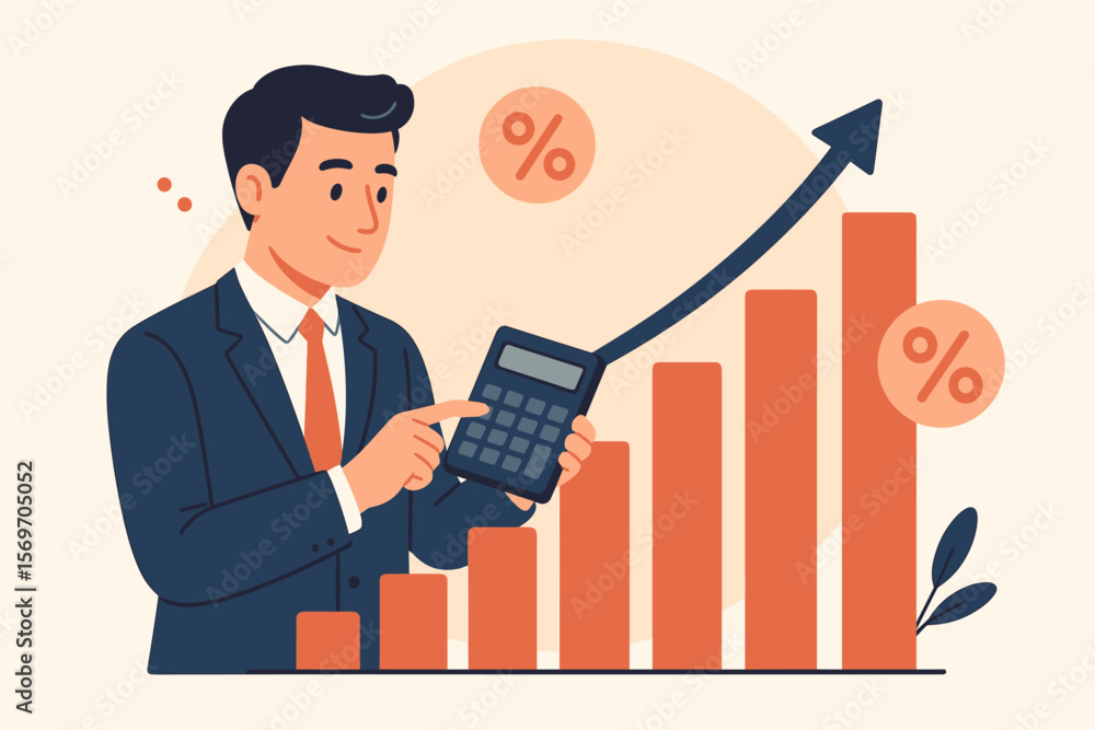 Businessman calculating financial growth. Increasing bar chart with percentage icons. Profit analysis, business success, investment strategy. Vector financial report concept. Businessman calculating financial growth. Increasing bar chart with percentage icons. Profit analysis, business success, investment strategy. Vector financial report concept.