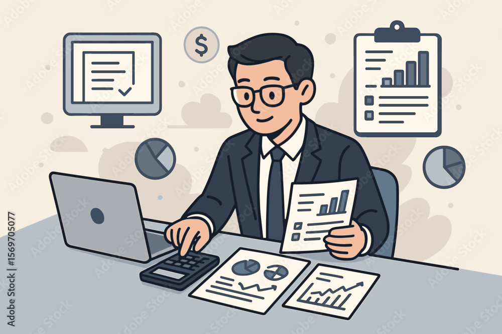 Businessman calculating tax with laptop, calculator, and financial documents, online tax filing, accounting management, finance analysis, tax payment planning, business finance concept Businessman calculating tax with laptop, calculator, and financial documents, online tax filing, accounting management, finance analysis, tax payment planning, business finance concept